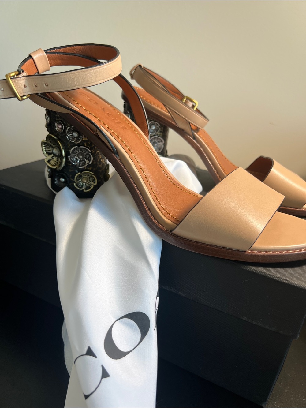 Coach Beige Leather Ankle-Strap Sandals with Embellished Floral Heel